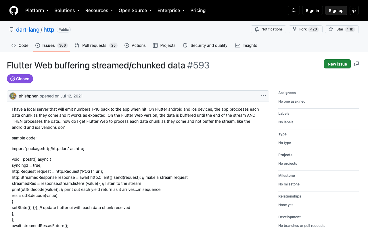dart-lang/http #593 — the long-standing report of Flutter Web buffering streamed responses until the end