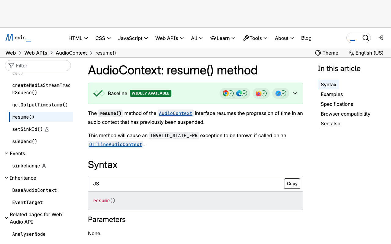 MDN reference for AudioContext.resume(), the call that must run inside a user gesture