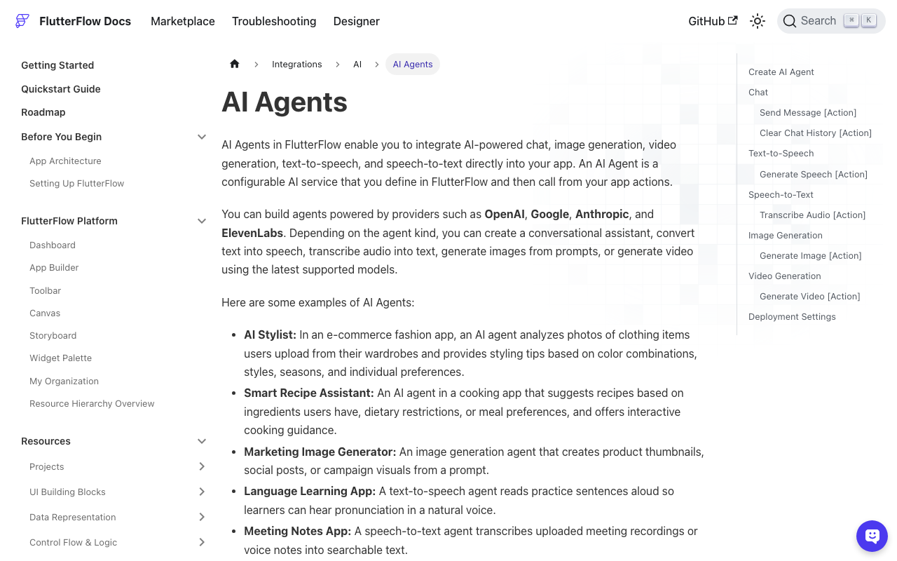 FlutterFlow's AI Agents documentation, showing agent configuration including the JSON response type used by this pattern