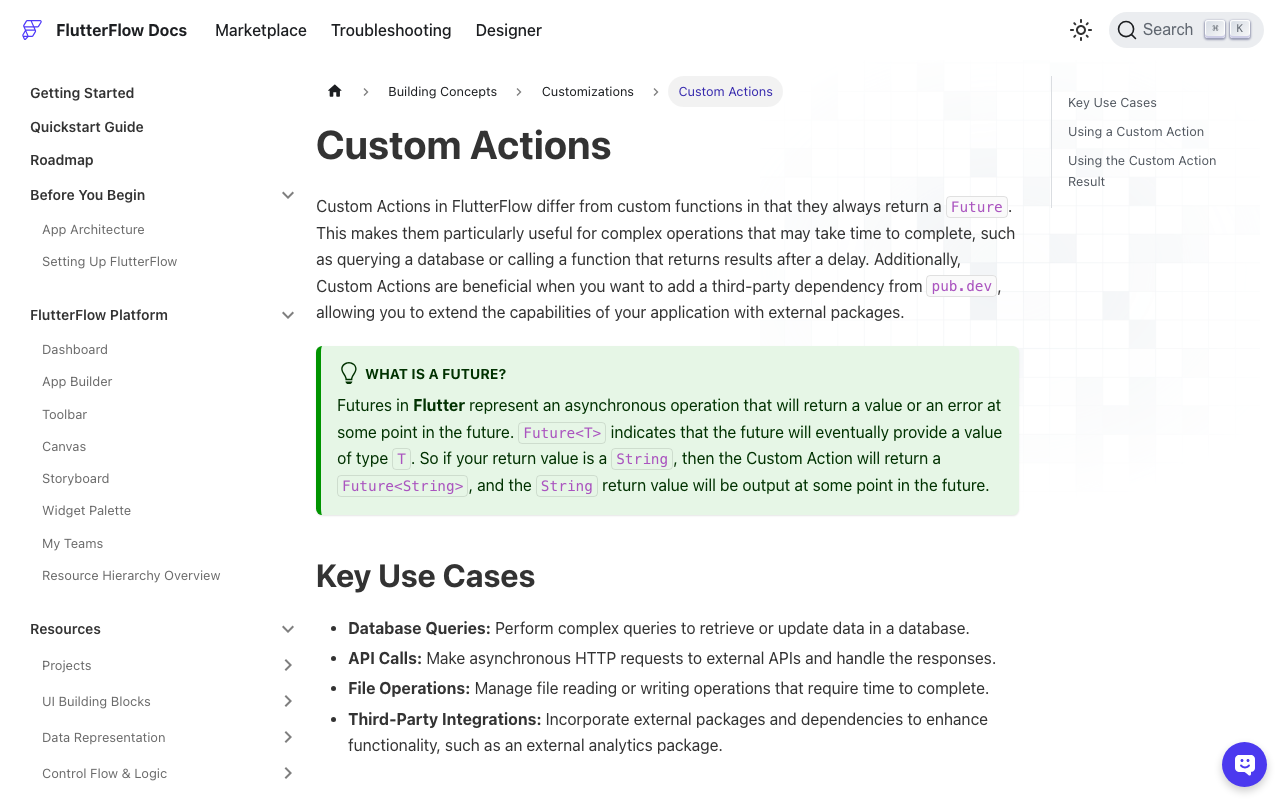 FlutterFlow's custom actions docs: every custom action returns a Future, which is why a thrown exception silently aborts the action chain.