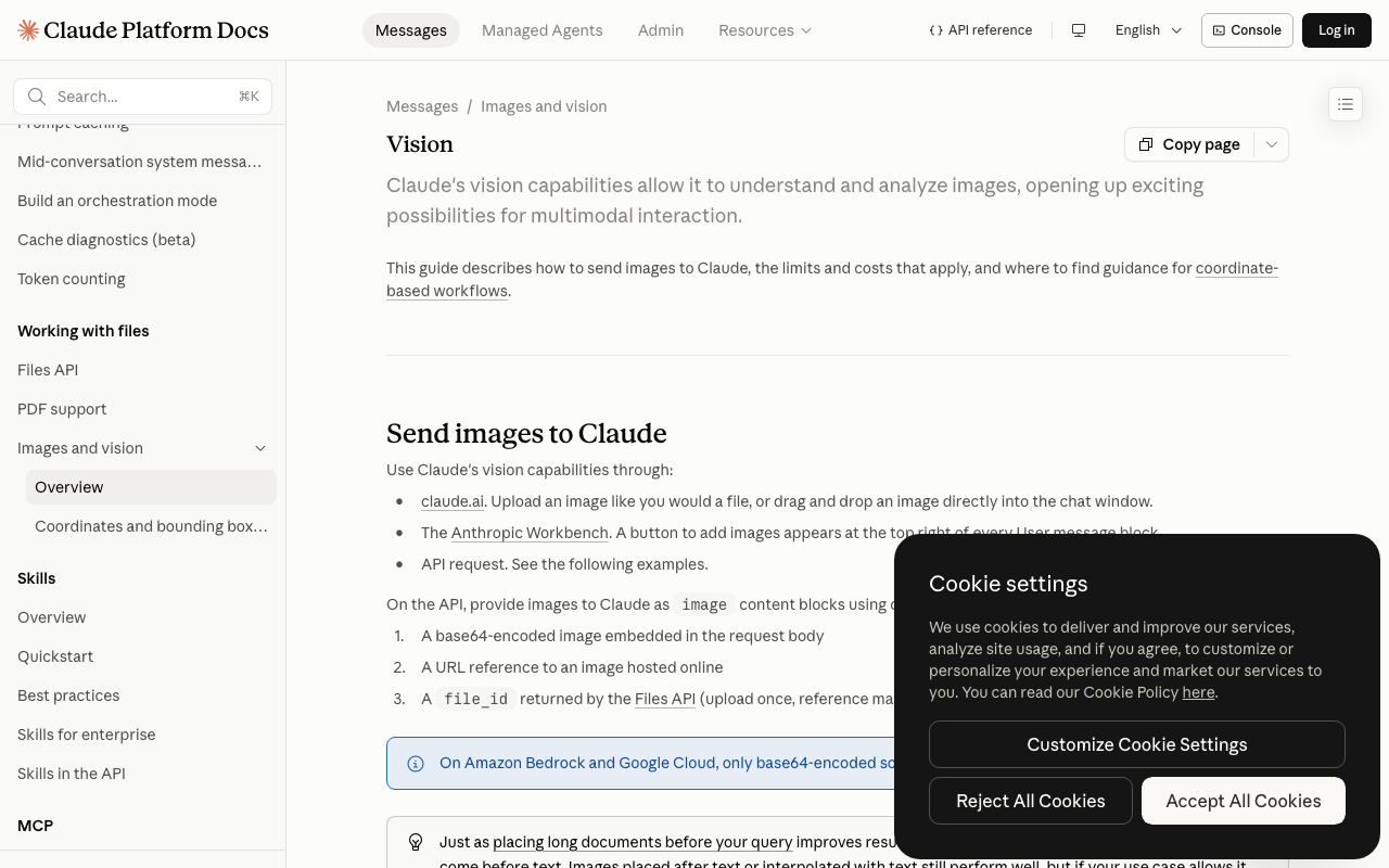 Vision content-block format showing the supported inline image media types.