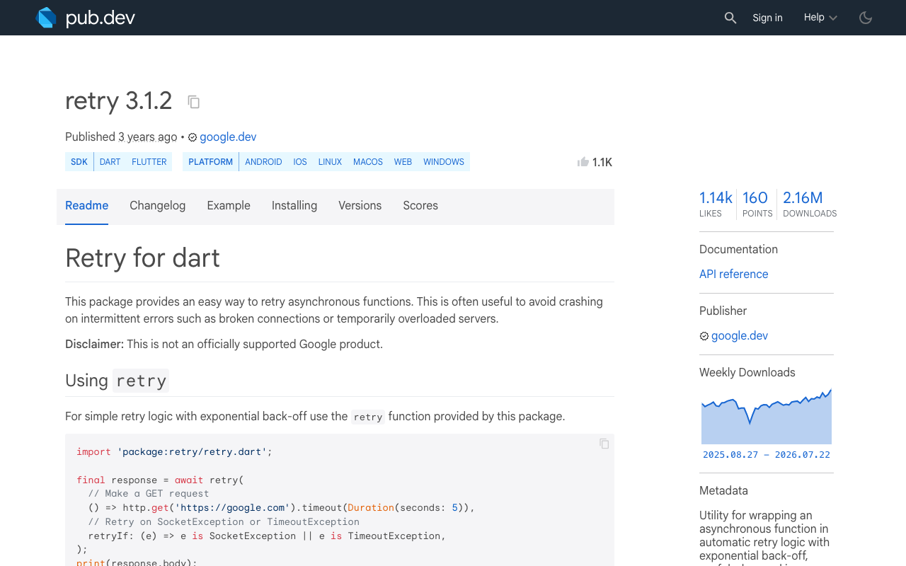 The Dart retry package wraps async calls in exponential backoff with a retryIf guard.