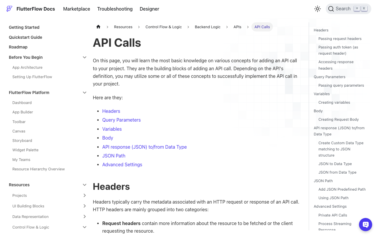 FlutterFlow API call settings, including the Make Private option and where headers are configured.