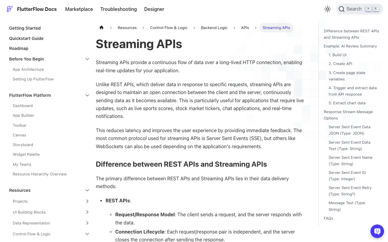 FlutterFlow docs for Process Streaming Response with the onMessage, onError and onClose triggers.