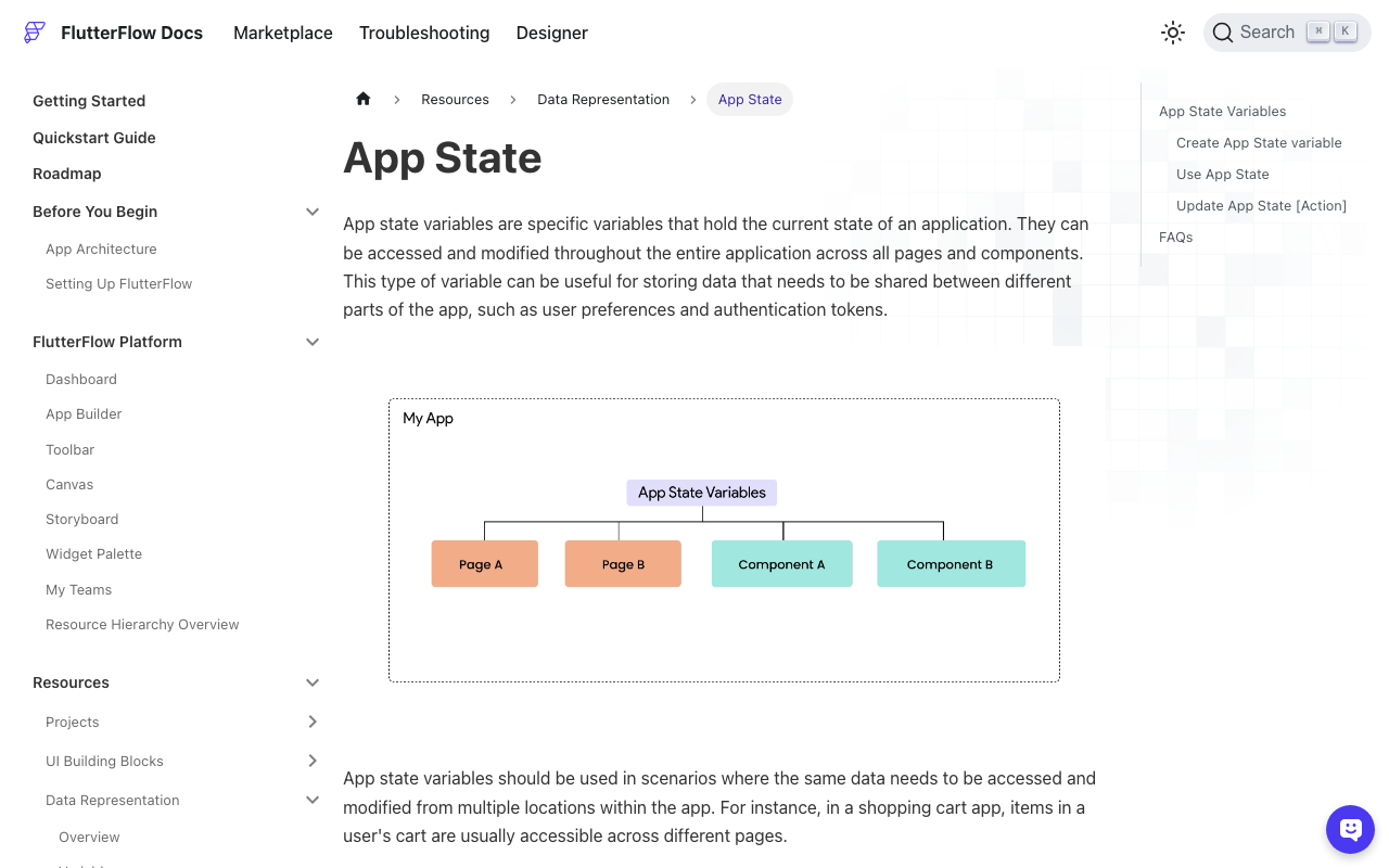 FlutterFlow's App State docs, including the Persisted option that saves a variable with shared_preferences
