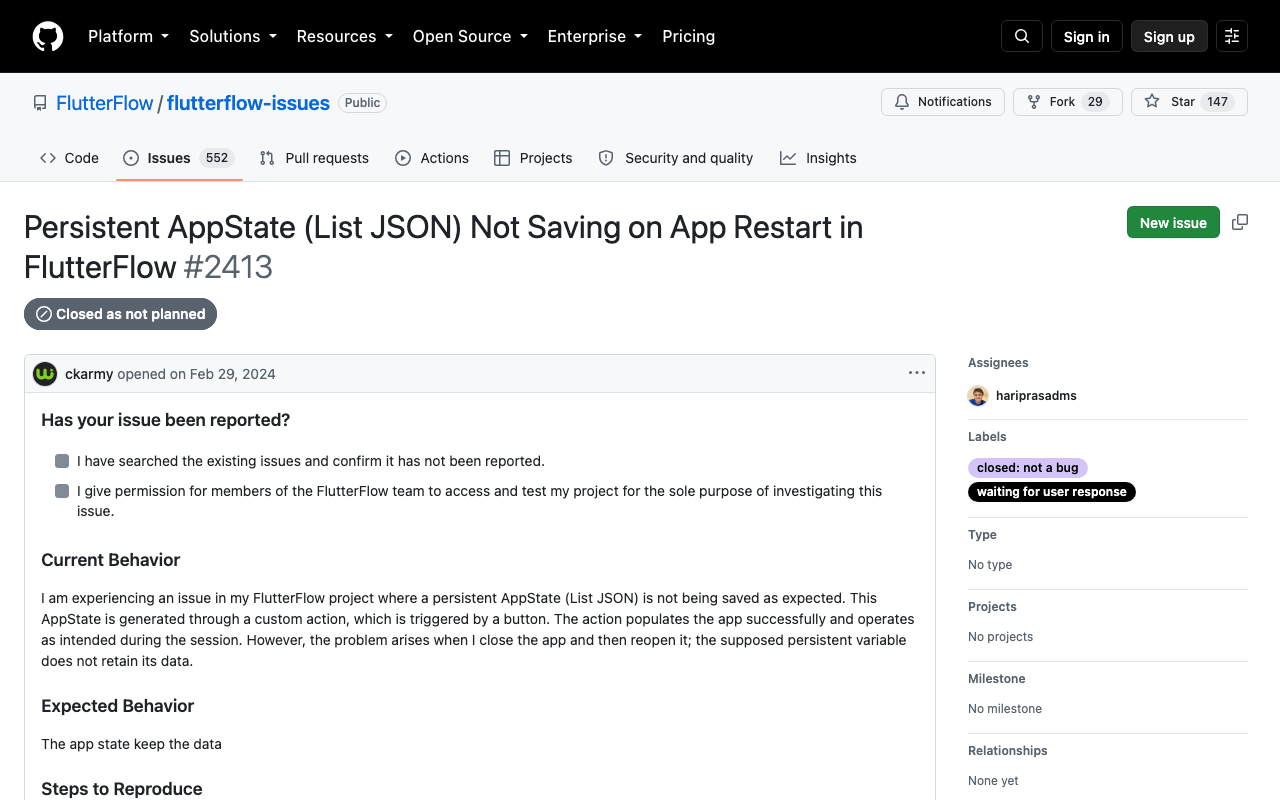 FlutterFlow issue report: a persisted App State JSON list not saving on app restart