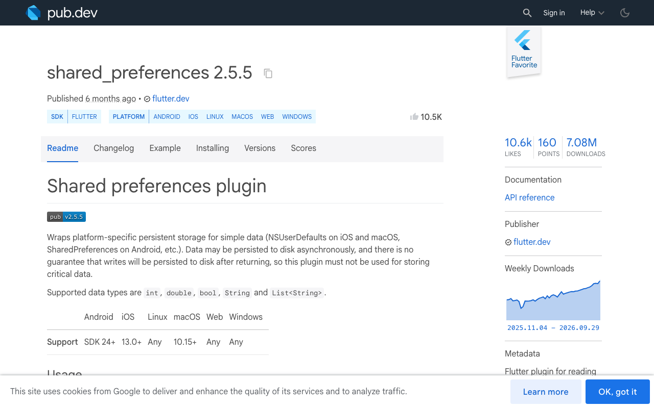 The shared_preferences package on pub.dev, used here to store the transcript and conversation id