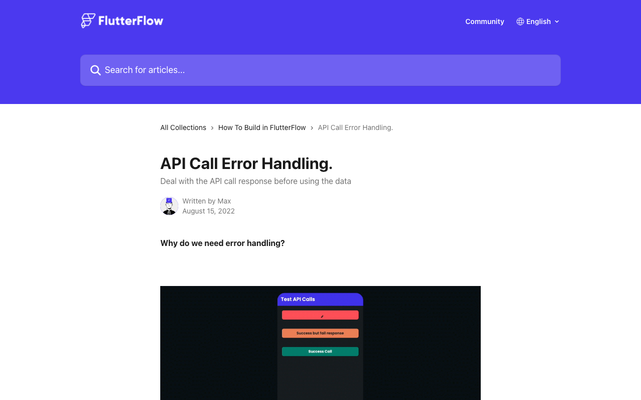 FlutterFlow's official API Call error-handling guide for surfacing status codes and error bodies.