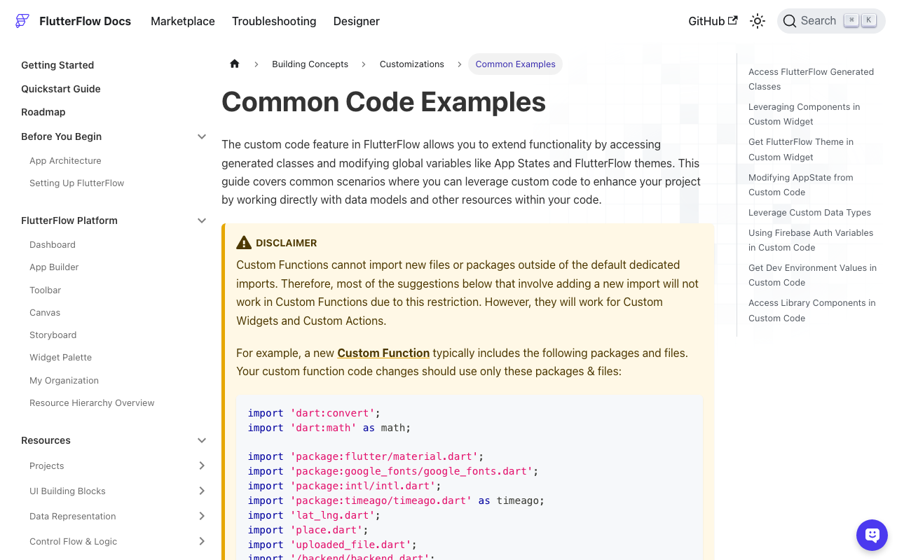 FlutterFlow custom action examples showing how to read and update App State from Dart