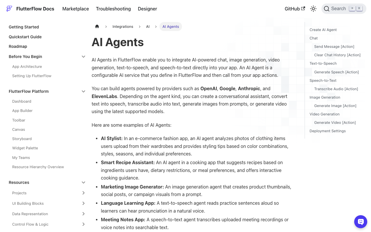 FlutterFlow's AI Agents docs: system messages and per-request PDFs, but no persistent custom knowledge base