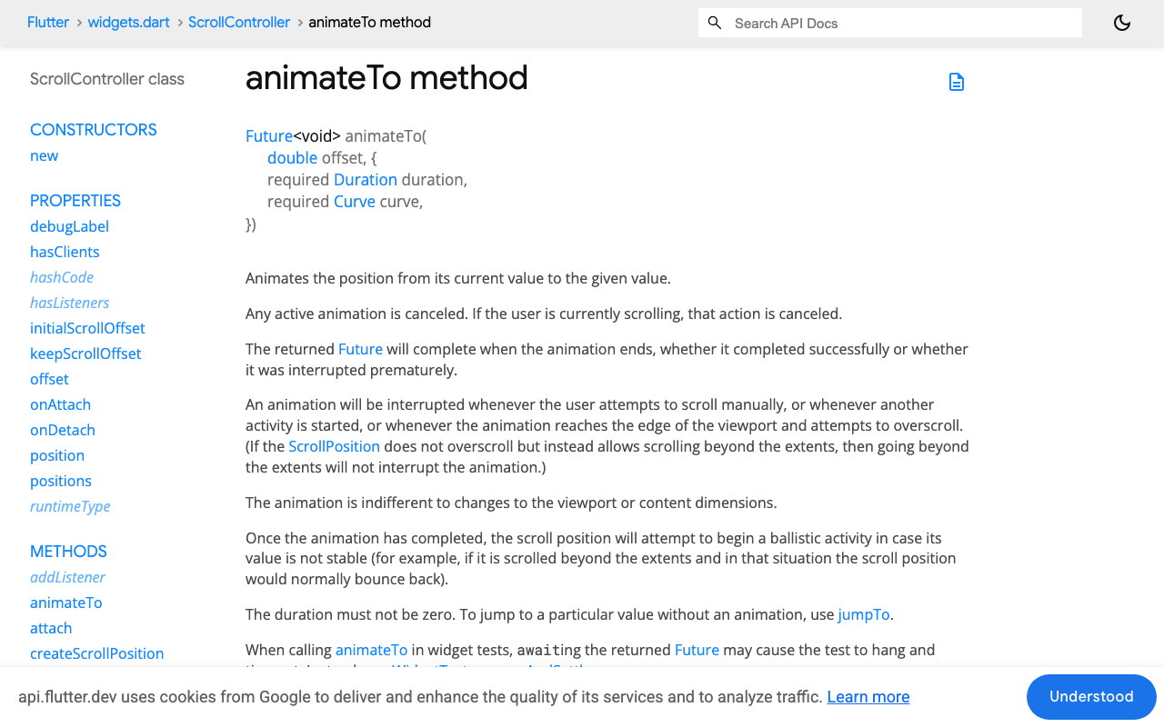 The Flutter ScrollController.animateTo API used inside the custom action