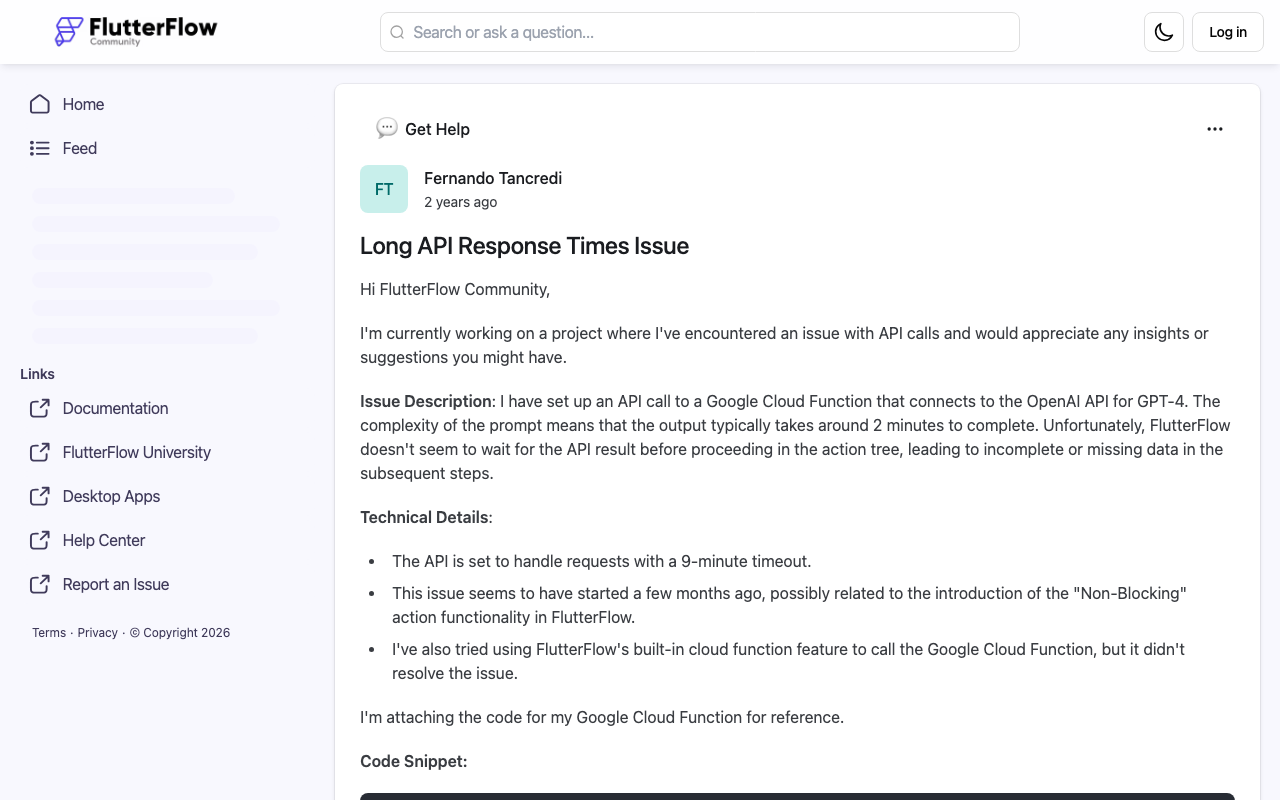 A FlutterFlow community thread confirming API calls fail past ~30 seconds.