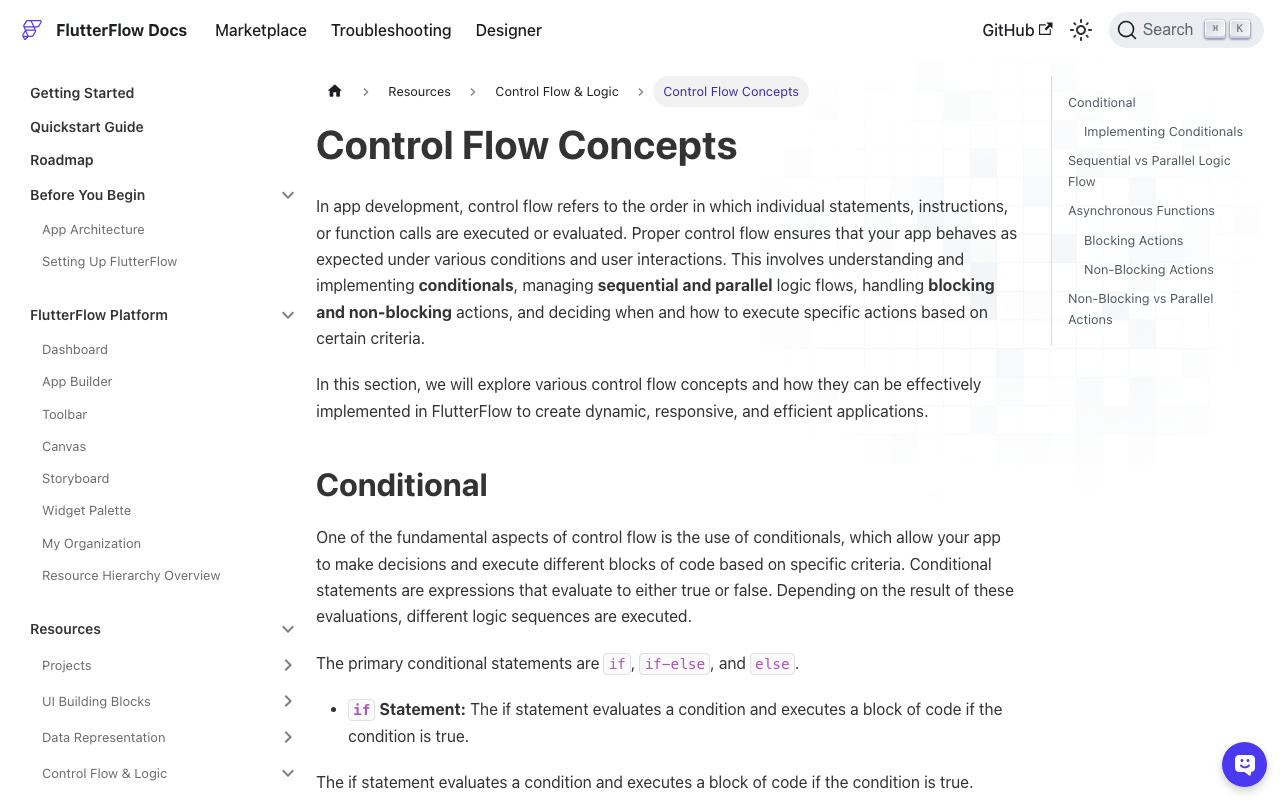 FlutterFlow's Control Flow docs explain how Non-Blocking actions remove the await keyword.