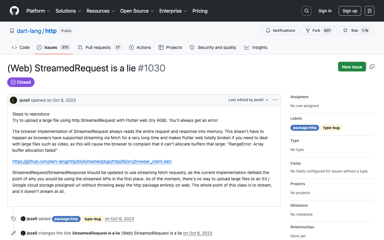 The open dart-lang/http issue documenting that StreamedRequest buffers the full response in the browser.