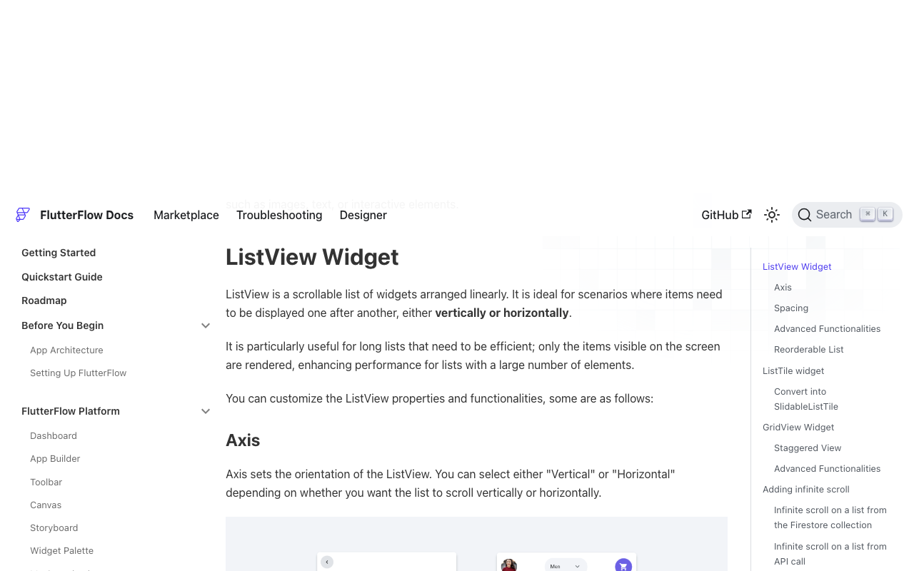 FlutterFlow's ListView docs — where you bind the message list and set the Reverse property for chat.