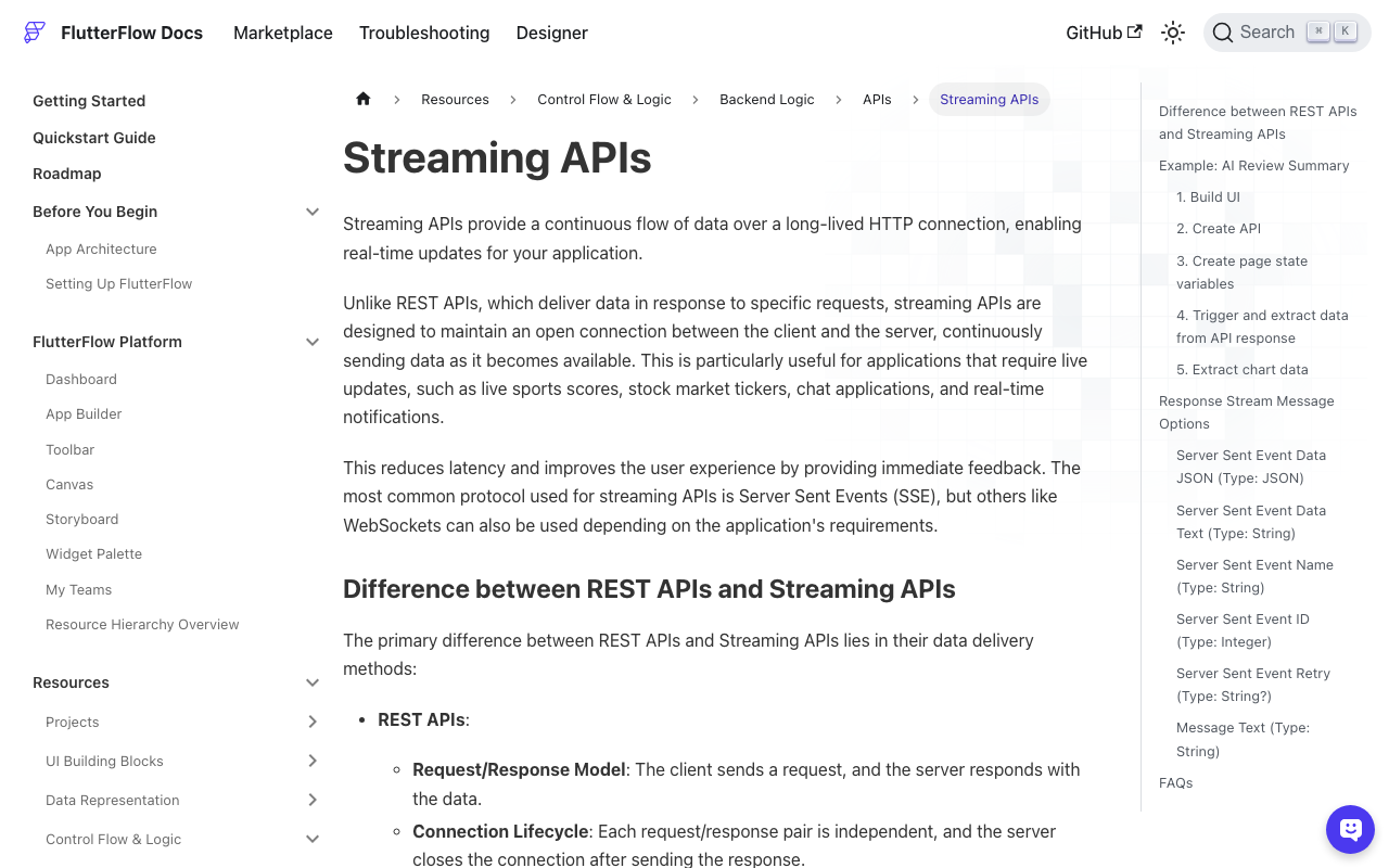 FlutterFlow's built-in Streaming API mode with the Process Streaming Response toggle and onMessage/onError/onClose handlers.