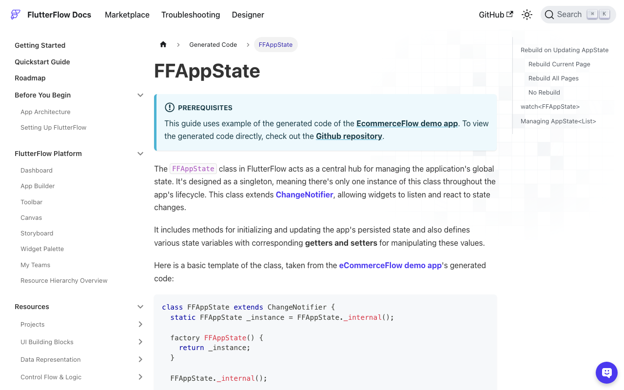 The generated FFAppState class — note that update() calls notifyListeners() while the plain setter does not.