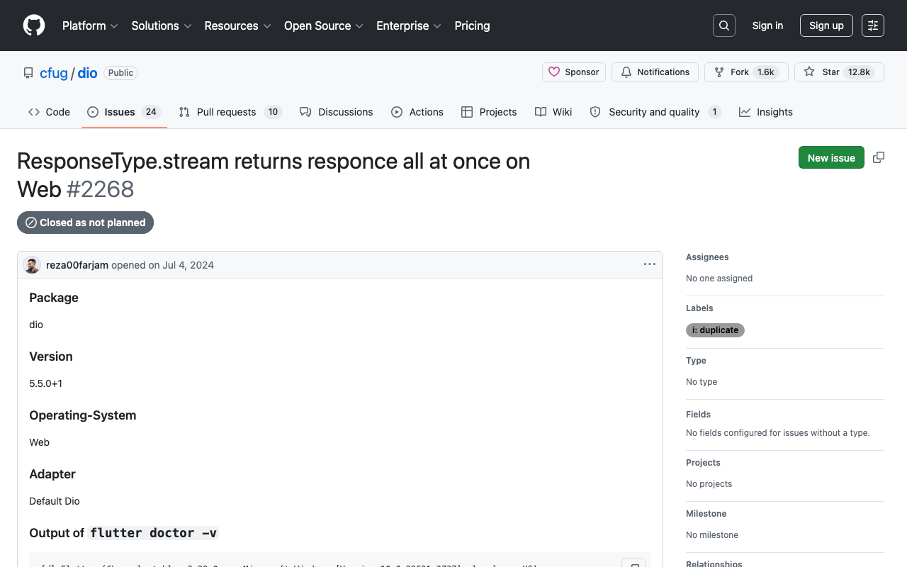 Dio issue #2268: ResponseType.stream returns the response all at once on Web.