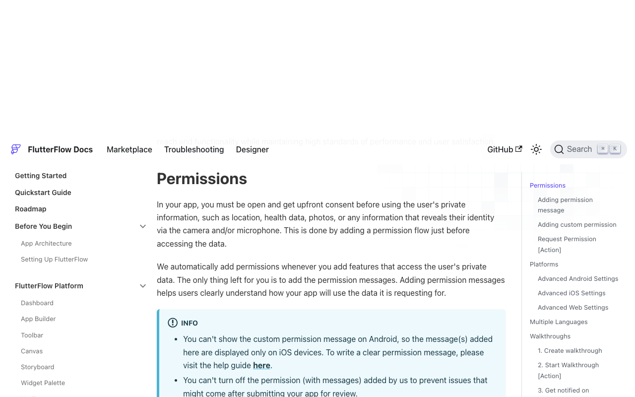 FlutterFlow's Permissions panel, where enabling Microphone writes the NSMicrophoneUsageDescription purpose string.