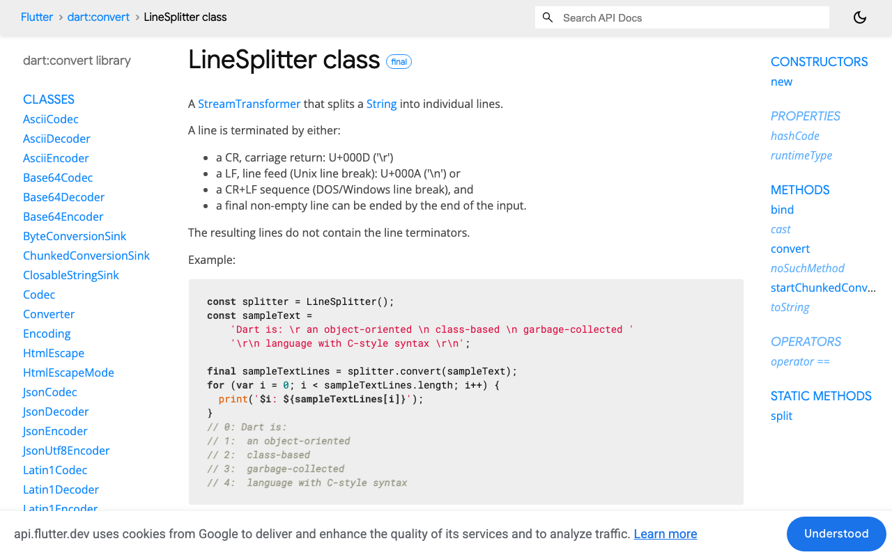 Dart's LineSplitter buffers incomplete lines and splits on newline, carriage return, and CRLF.