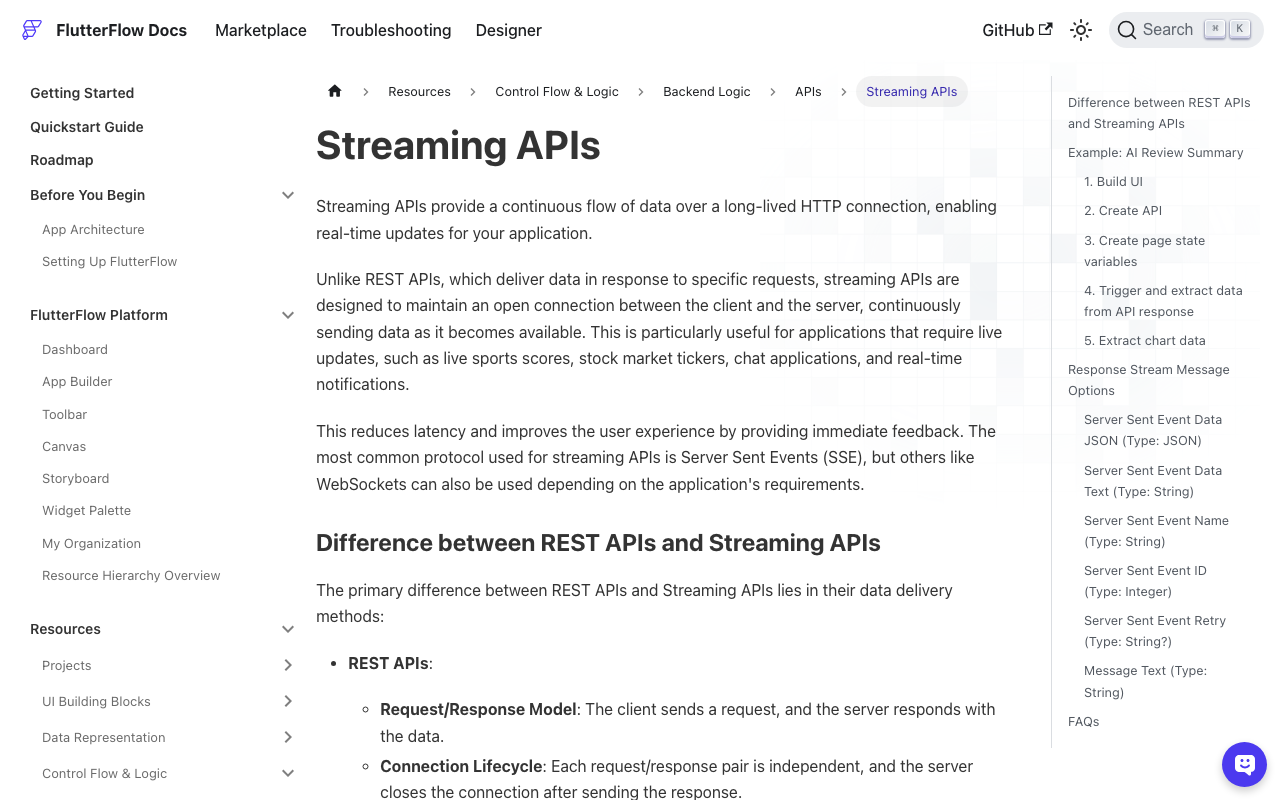 FlutterFlow's Streaming API documentation — the native action that gets tangled with the Test-mode proxy.