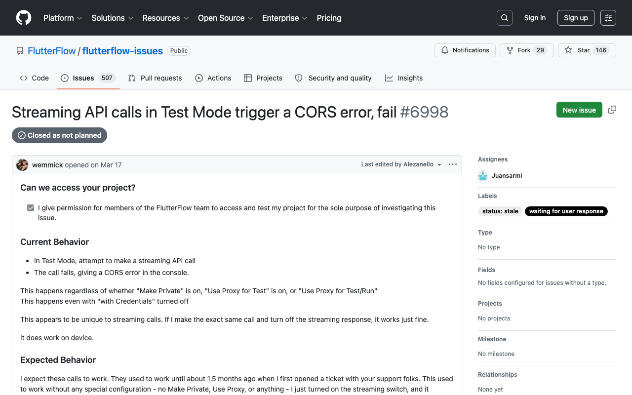 FlutterFlow issue #6998: streaming API calls trigger a CORS error in Test mode while working on device.