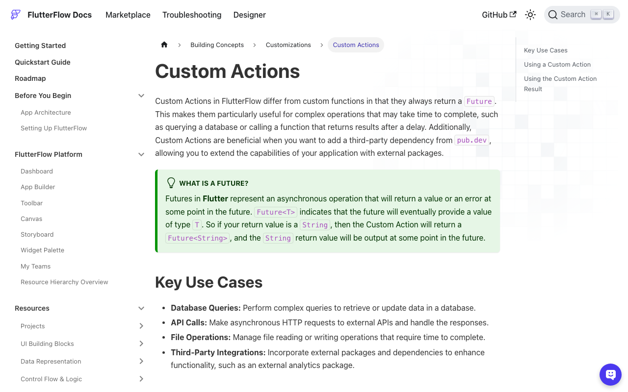 FlutterFlow's custom actions docs: actions always return a Future
