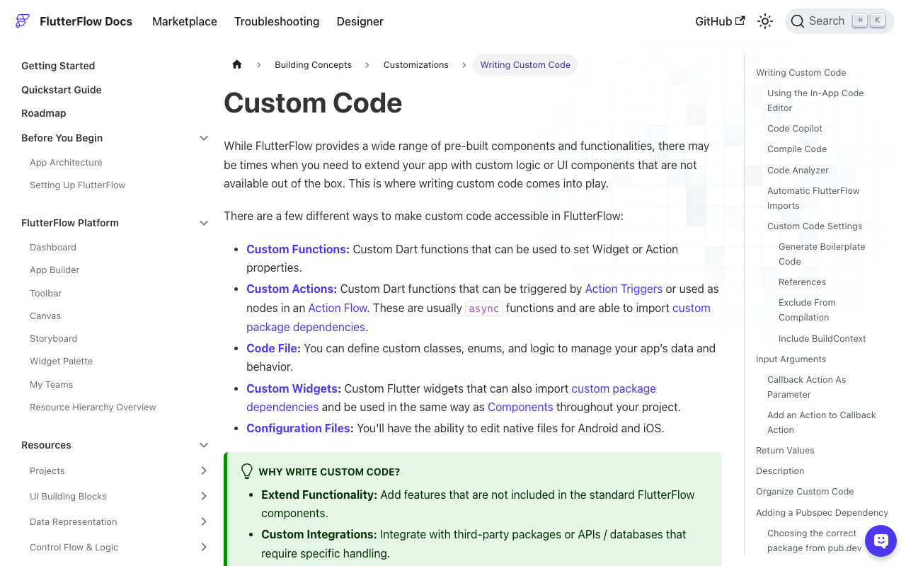 FlutterFlow's custom code docs — where custom actions and pubspec dependencies are added for the WidgetChat integration