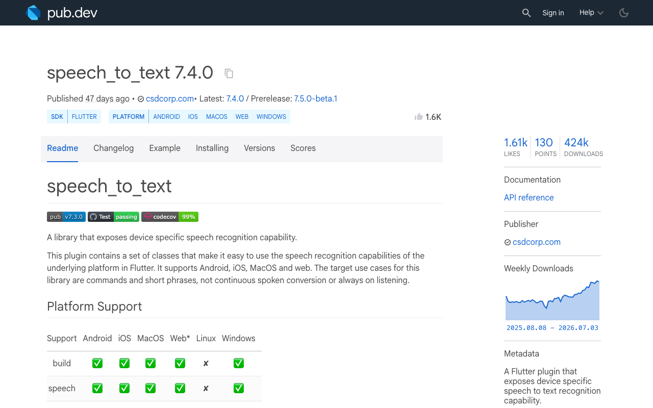 The speech_to_text package on pub.dev — current version, platform support, and setup docs