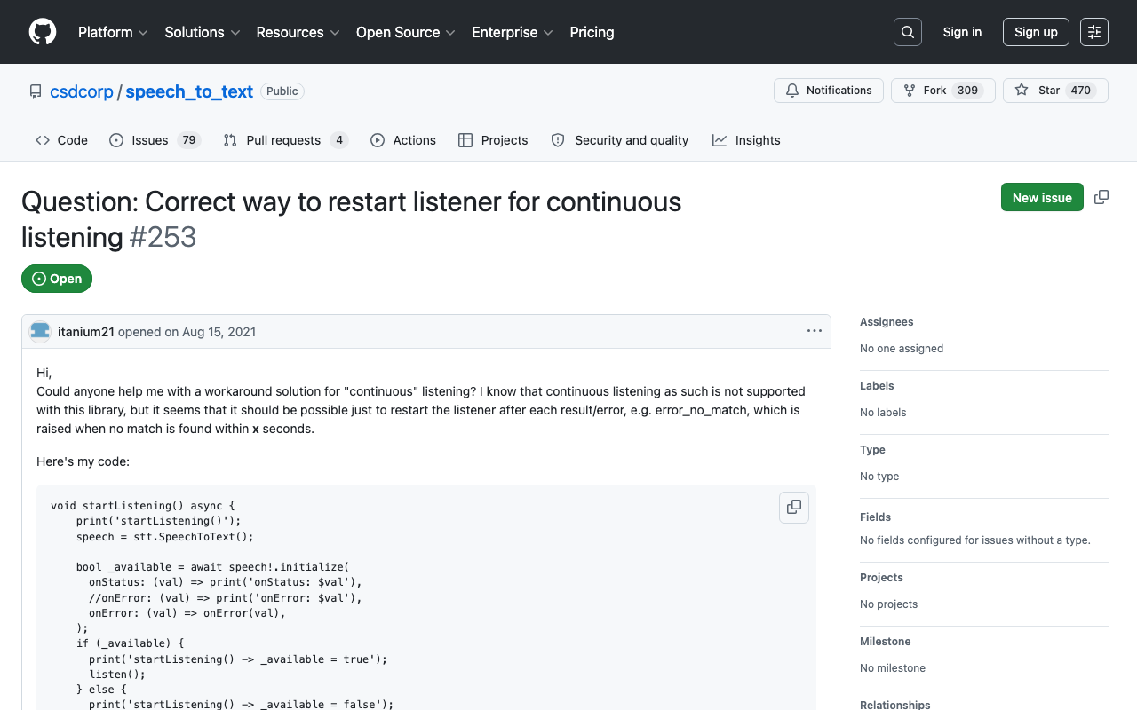 The canonical GitHub thread on restarting the listener for continuous speech recognition