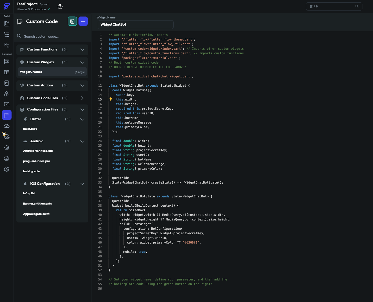 FlutterFlow custom widget editor showing WidgetChatBot code and left panel