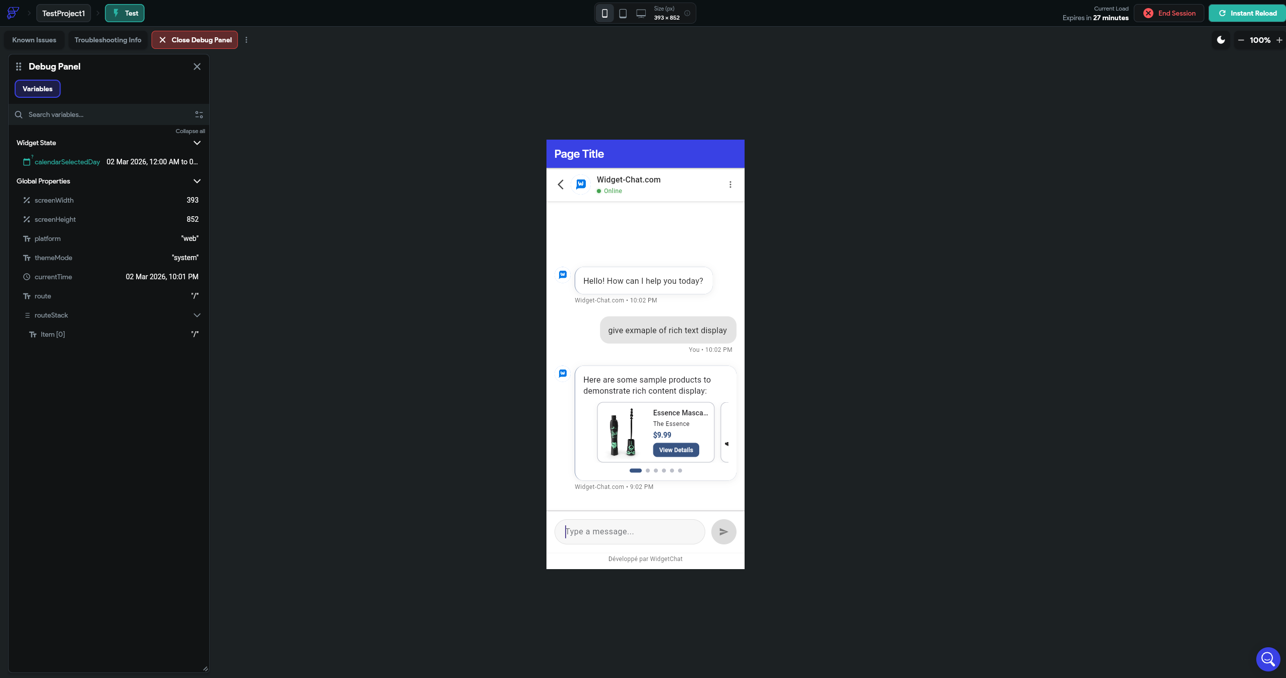 FlutterFlow test mode showing full-screen Widget Chat chatbot