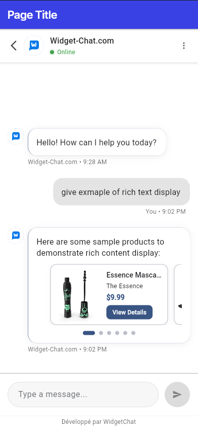 Widget Chat AI chatbot running inside a FlutterFlow app