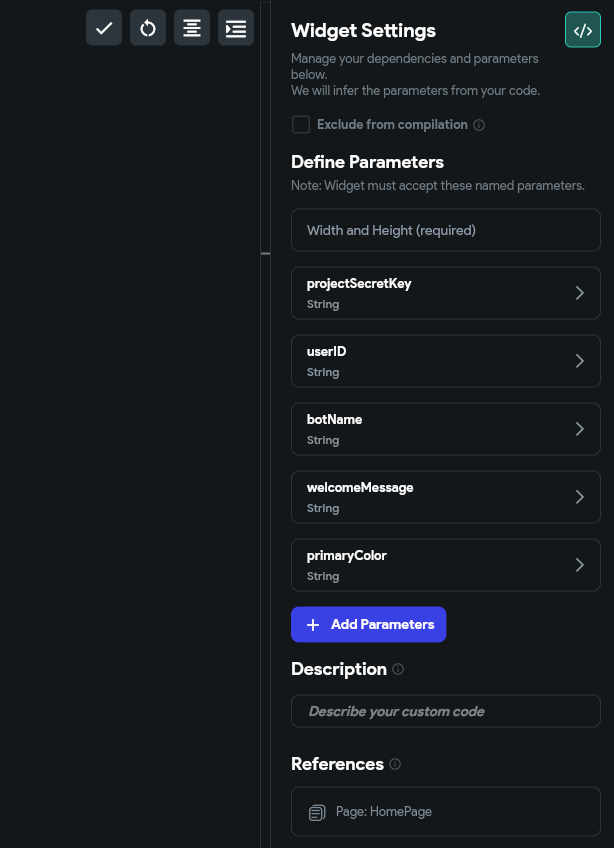 FlutterFlow right panel showing WidgetChatBot parameters