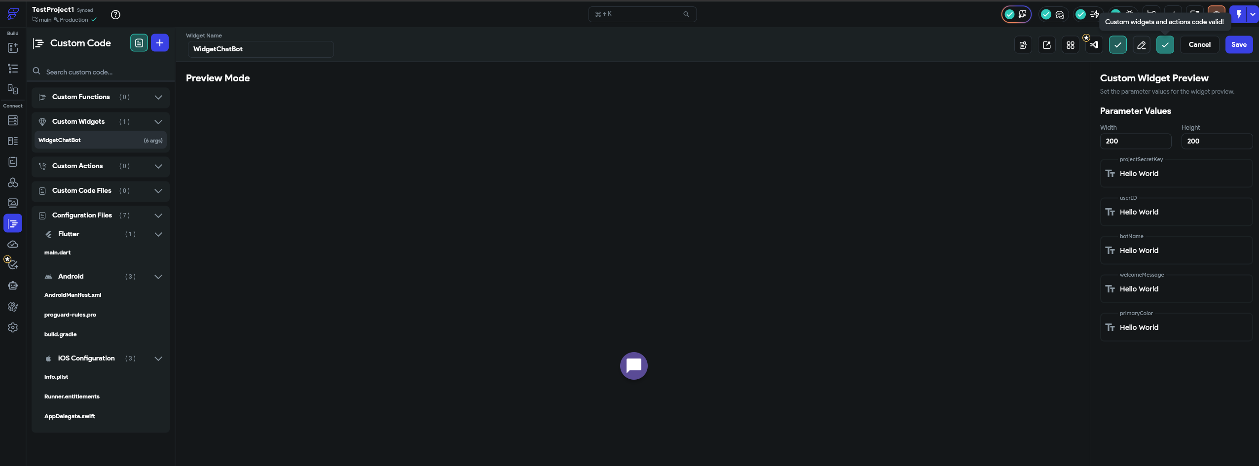 FlutterFlow preview showing Widget Chat bot at bottom right of the page