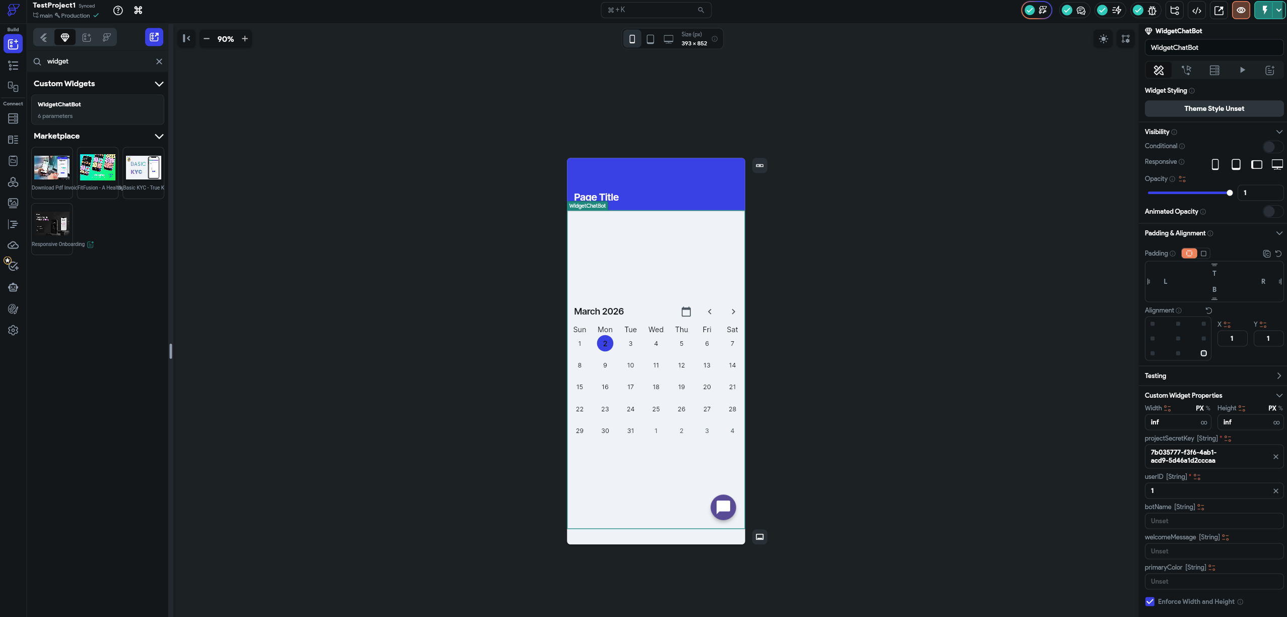 FlutterFlow build page with WidgetChatBot search result and widget visible on preview