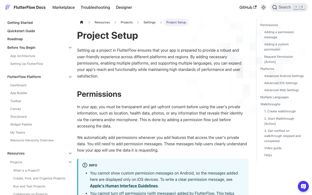 FlutterFlow's Project Setup docs: Settings & Integrations → Permissions is where the microphone purpose string is entered.