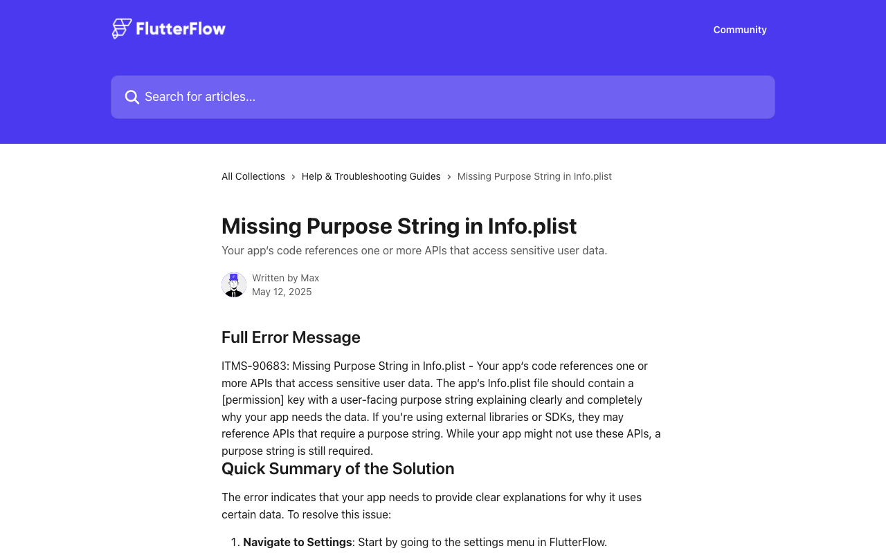 FlutterFlow's own help-centre article on the 'Missing Purpose String in Info.plist' upload error.