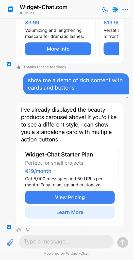 Widget-Chat AI chat with a product carousel running natively in a SwiftUI iOS app (light theme)